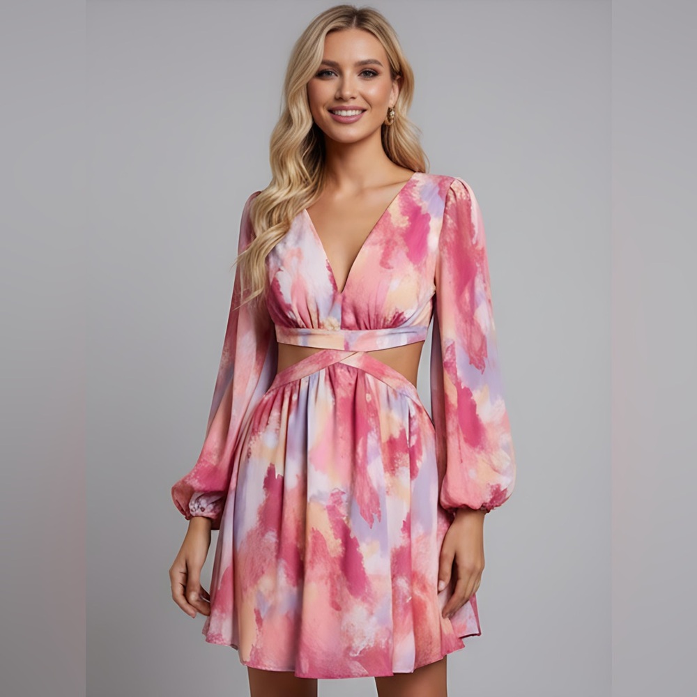 Cut Out A-Line V Neck Mini Dress